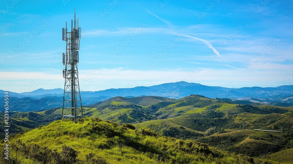 A cutting-edge telecom tower in the heart of a green valley, with a clear blue sky overhead, demonstrating how technology thrives in natural environments. A cutting-edge telecom tower in the heart of a green valley, with a clear blue sky overhead, demonstrating how technology thrives in natural environments.
