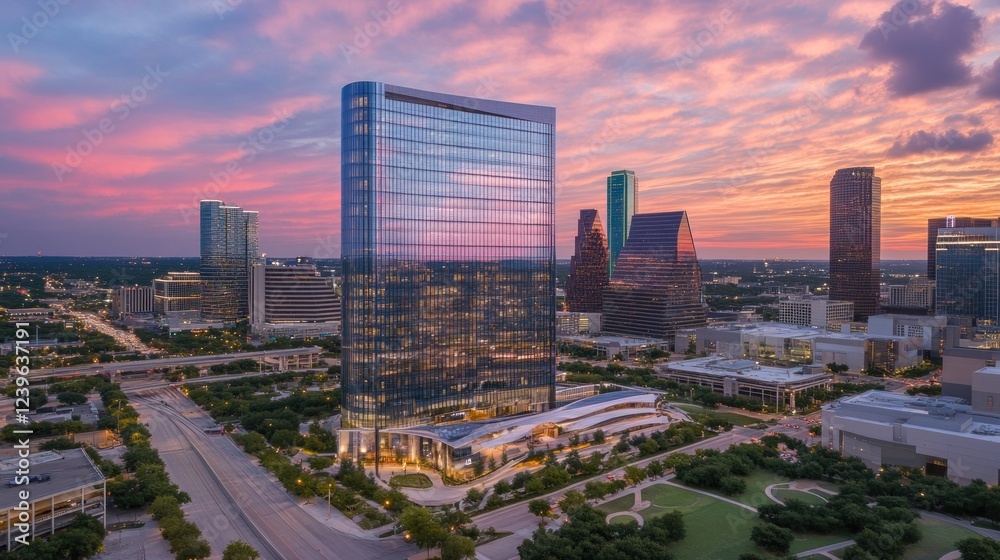 Obraz premium Modern Skyscraper Cityscape at Sunset Over Texas