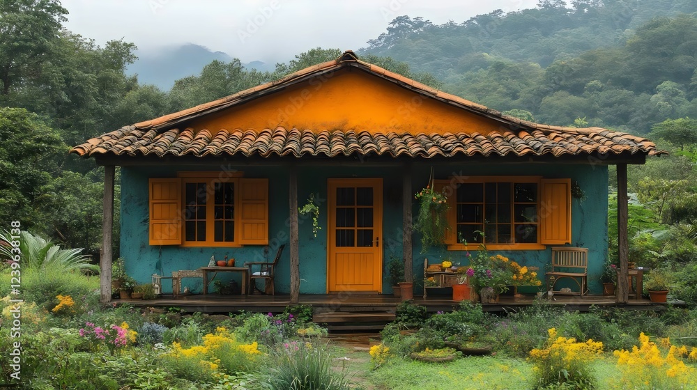 A small house with a blue roof and yellow trim sits in a lush green yard A small house with a blue roof and yellow trim sits in a lush green yard
