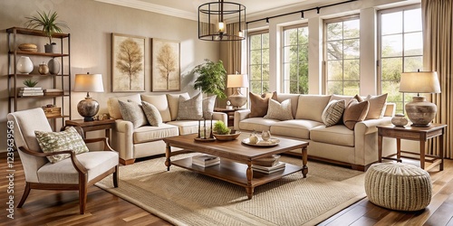 Wallpaper Mural Cozy Living Room: A beautifully styled living room with a soft beige sofa, plush armchairs, and rustic wood accents. Sunlight streams through large windows, creating a warm and inviting atmosphere. Torontodigital.ca