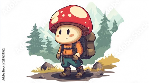 Joyful Mushroom Mascot Character Hiking Up a Mountain Cartoon Illustration Design Template