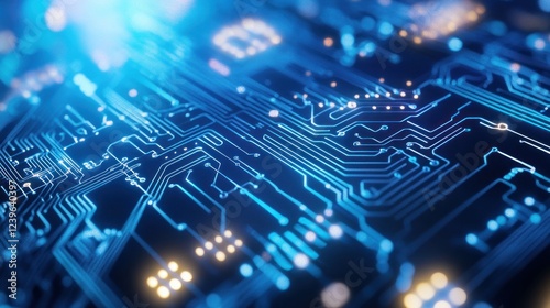 Abstract glowing circuit board design with blue and orange lights for technology