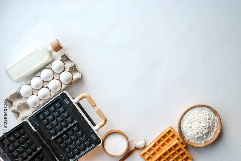 Flat lay of baking ingredients and equipment, including a waffle maker, eggs, milk, flour, sugar, and a wooden spoon, placed on a clean white surface with ample negative space for text Flat lay of baking ingredients and equipment, including a waffle maker, eggs, milk, flour, sugar, and a wooden spoon, placed on a clean white surface with ample negative space for text