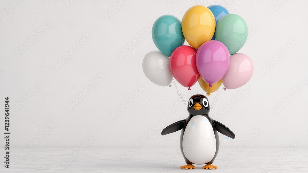 Obraz premium Cute Penguin Holding Colorful Balloons in Bright Space Background