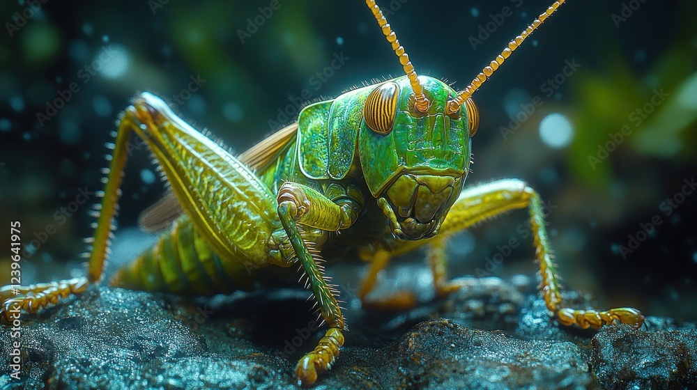 Close-up of a vibrant green grasshopper in nature Close-up of a vibrant green grasshopper in nature