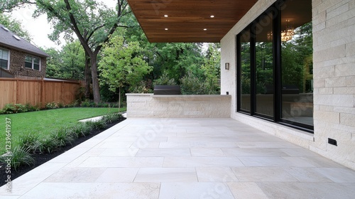 Modern patio, backyard grilling, suburban home, green lawn