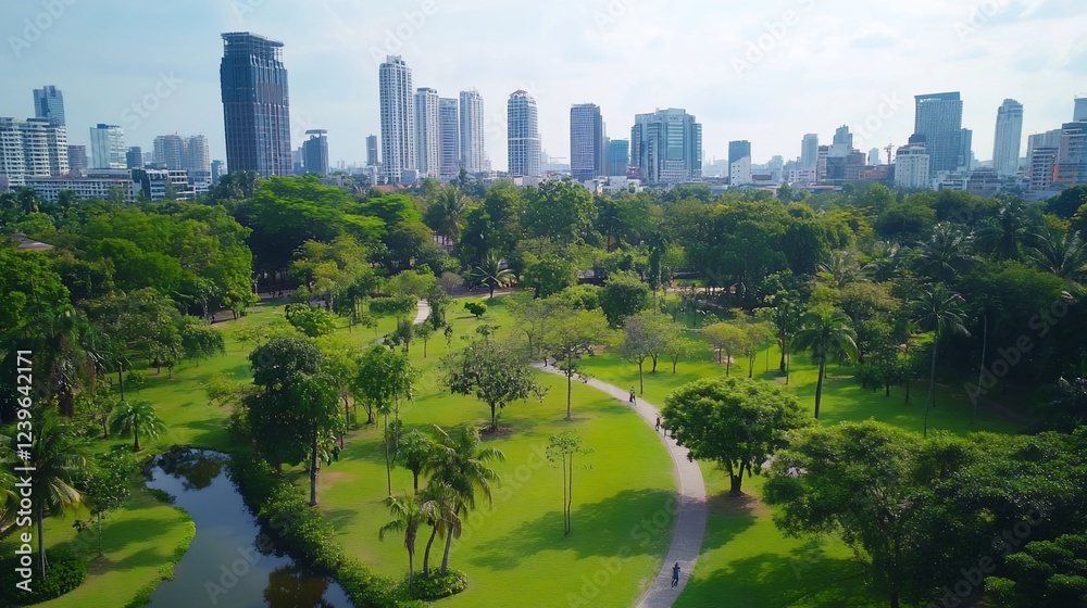 Lush green city park with paths and skyline in the background from above Lush green city park with paths and skyline in the background from above