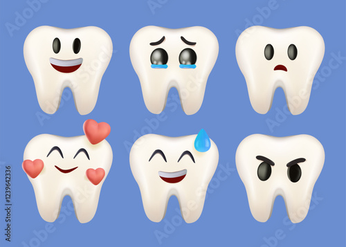 Cute tooth cartoon with many expressions. Teeth with smile illustration. Dental care icons emoji. Teeth different activity pose vector illustration 3D design set