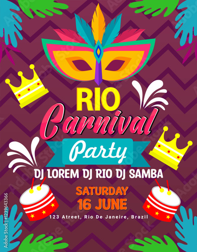 Flat flyer template brazilian carnival with drum and decorative elements