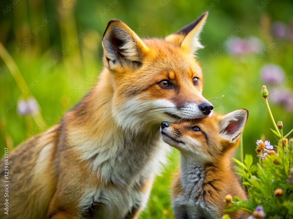 Fototapeta premium Cuddling Fox Cubs in Spring Nature's Embrace