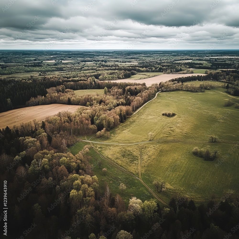 Obraz premium A breathtaking drone's-eye view of the countryside in spring, showcasing lush green fields, blooming flowers, and winding roads.