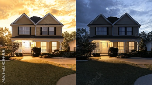 Day and night contrast of house with glowing lights and dramatic skies