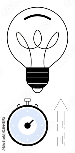 Light bulb stopwatch and upward arrow. Ideal for creativity, innovation, time management, progress, efficiency, growth, motivation Line metaphor