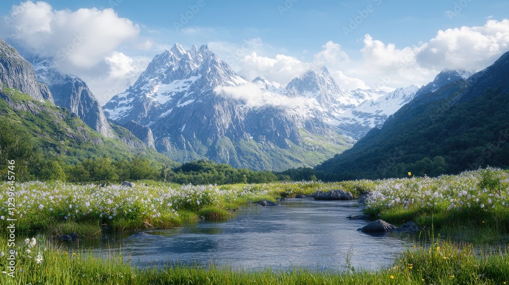 Mountain valley stream, wildflowers, sunny day Mountain valley stream, wildflowers, sunny day