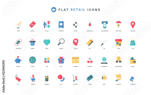 Online retail store sales, ecommerce, purchase, payment for order and delivery color icon set. Gift offer and discount, support service for customer, search flat elements vector illustration