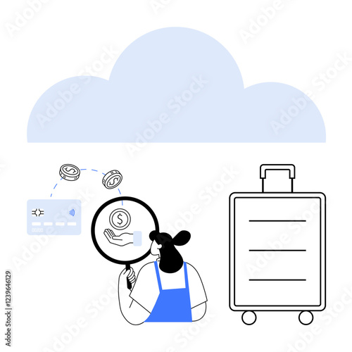 Businesswoman analyzing online payment with magnifying glass next to credit card, coins, suitcase under cloud. Ideal for financial security, online transactions, travel planning, e-commerce, fintech