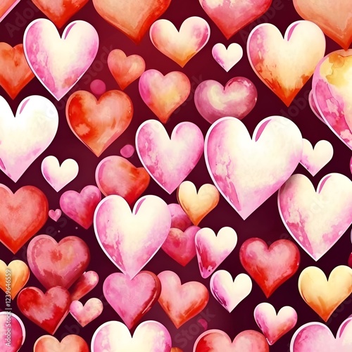 Valentine's day seamless painted watercolor red hearts pattern on violet background