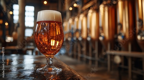 A beautifully crafted glass of amber beer sits on a bar in a bustling brewery, showcasing brewing equipment photo