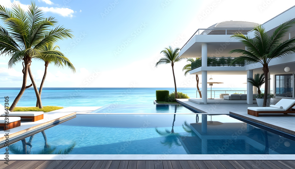 Fototapeta premium Luxury beach house with sea view swimming pool and terrace at vacation.3d rendering , with white tonespng