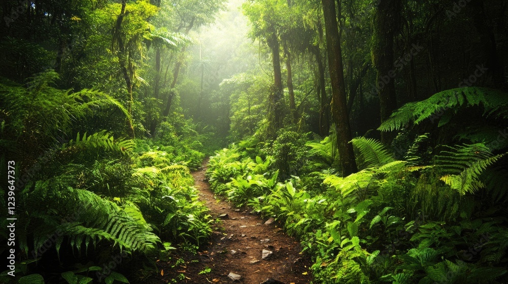 Fototapeta premium A lush forest trail weaves through vibrant vegetation, showcasing the rich diversity of plant life and the harmonious coexistence of species within a thriving ecosystem.