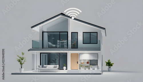 smart home - smarthome technology illustrated by . Modern two-story house equipped with Wi-Fi connectivity and smart appliances , with white tonespng photo