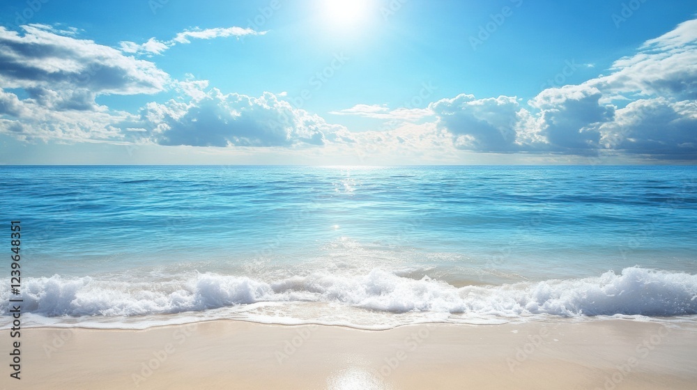 Calm ocean waves gently lap the sandy shore under a bright sun and scattered clouds. Generative AI Calm ocean waves gently lap the sandy shore under a bright sun and scattered clouds. Generative AI