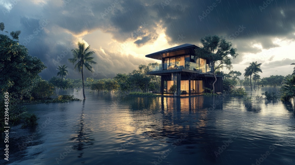 A luxurious elevated villa surrounded by rising floodwaters, with storm clouds looming overhead, symbolizing human resilience in the face of nature fury. A luxurious elevated villa surrounded by rising floodwaters, with storm clouds looming overhead, symbolizing human resilience in the face of nature fury.