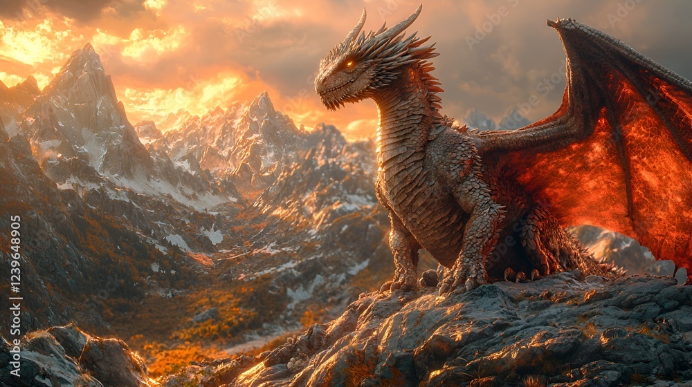 Majestic dragon overlooking snowy mountains at sunset; fantasy art Majestic dragon overlooking snowy mountains at sunset; fantasy art