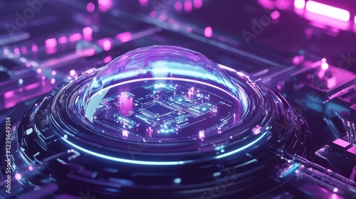 Futuristic circuit board with luminous dome abstract technology illustration