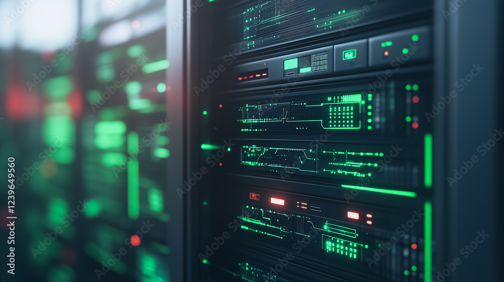 Server Room Glow: Close-up of a server rack with glowing green lights, showcasing advanced technology and data processing. The image evokes a sense of innovation, power and the digital age. Server Room Glow: Close-up of a server rack with glowing green lights, showcasing advanced technology and data processing. The image evokes a sense of innovation, power and the digital age.