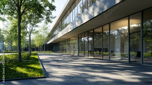 Modern office building exterior with glass facade and surrounding greenery on a sunny day