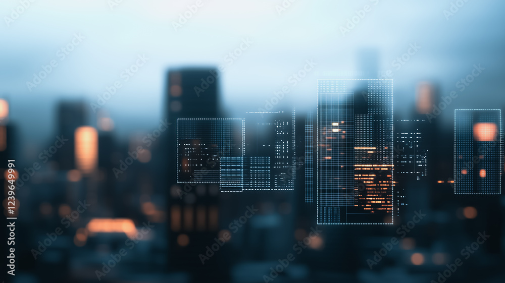 Smart City at Dusk: Futuristic digital data overlays a blurred cityscape at twilight, symbolizing technological innovation and urban development. Smart City at Dusk: Futuristic digital data overlays a blurred cityscape at twilight, symbolizing technological innovation and urban development.