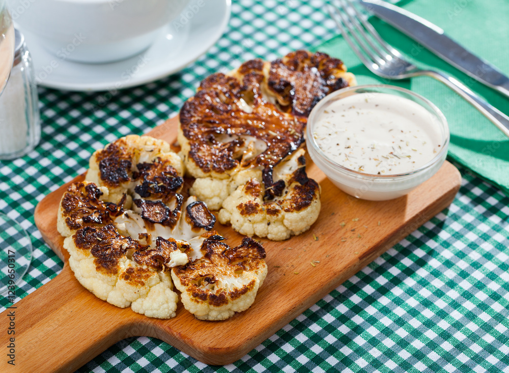Grilled cauliflower on wooden cutting board Grilled cauliflower on wooden cutting board