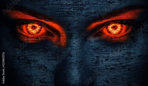 A close-up of a gender-neutral AI face with red glowing eyes and immersed in binary code, depicting a cybernetic evil figure in a digital horror concept, artfully designed in a cyberpunk fashion.