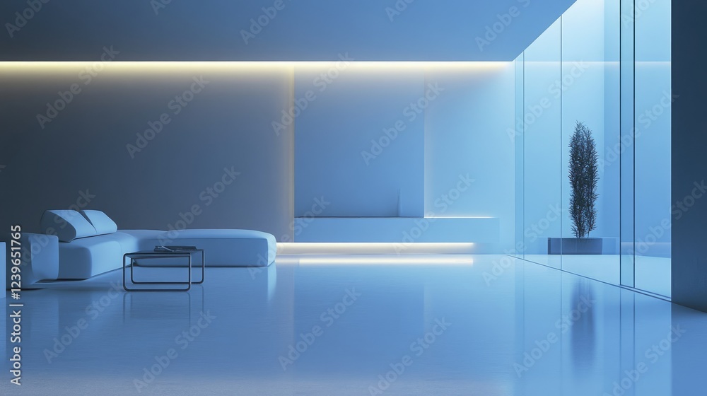 Naklejka premium A minimalist modern interior with a brightly illuminated wall, creating a clean and sleek backdrop for a contemporary living space.