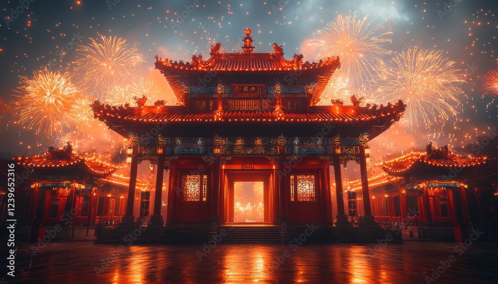 Fototapeta premium Ancient Chinese Architecture with Fireworks Display