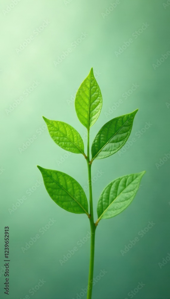 Fototapeta premium Single green sprig, delicate leaves, clean backdrop , nature, branch, growth