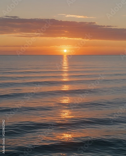 A beautiful sunset over the ocean with soft waves and vibrant colors, creating a relaxing and tranquil beach scene

