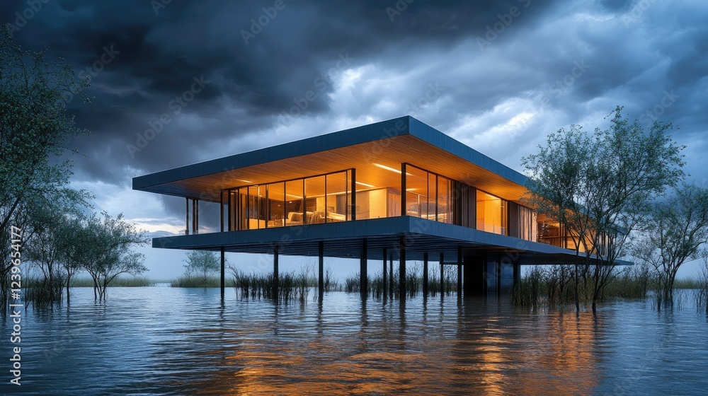 Fototapeta premium A modern villa elevated on stilts, surrounded by floodwaters, with a stormy sky above, illustrating the resilience of design against extreme weather conditions.