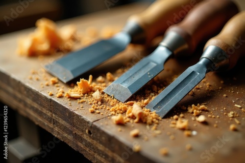 Close-up of chisels and wood shavings on workbench, hand tools, tools of the trade photo