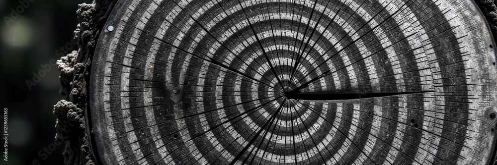 Naklejka premium Striking black & white saw cut pine, concentric rings , background, ecology, graphic