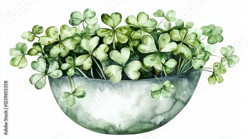Watercolor Painting of Green Clover in a Bowl Botanical Illustration St. Patrick's Day