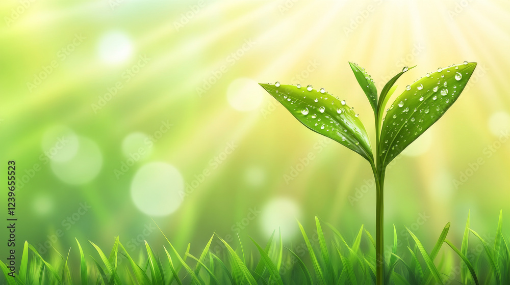 Obraz premium Fresh Spring Growth with Dewdrops on Single Sprig. Concept of Nature's Renewal, New Beginnings, Morning Freshness, Green Vibrancy. Copy space. Spring background