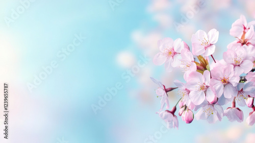 Closeup of Blooming Cherry Blossoms Against Blue Sky. Concept of Spring, Renewal, Nature Beauty, Tranquility. Spring background. Copy space