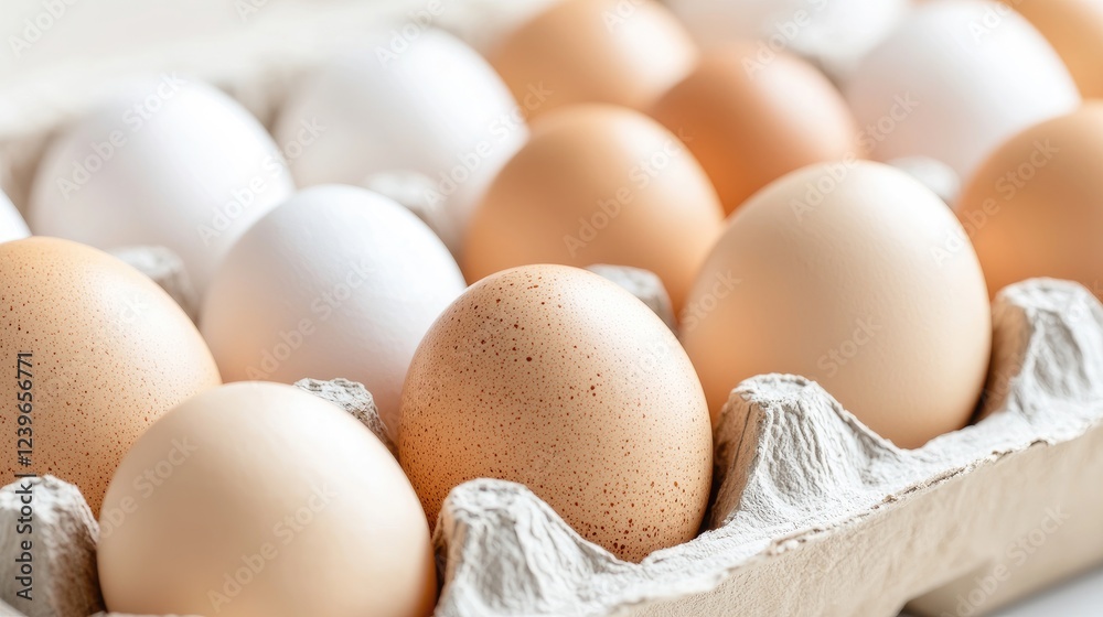 Fresh eggs in carton, kitchen counter, breakfast prep Fresh eggs in carton, kitchen counter, breakfast prep