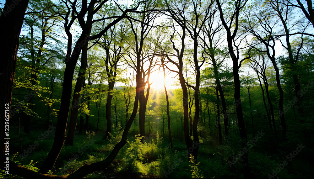 Fototapeta premium Beautiful forest panorama in spring with bright sun shining through the trees , with white tonespng