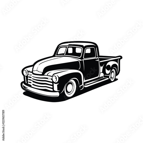 Classic Retro Pickup Truck Vector Icon Monochrome Isolated