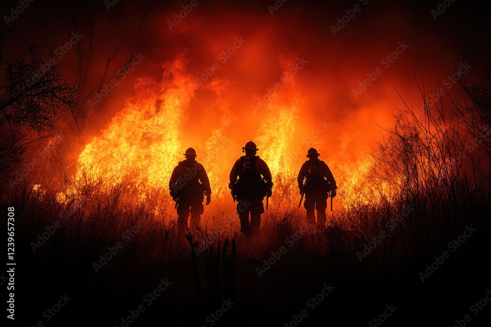 Fototapeta premium Firefighters battling a wildfire at sunset, intense flames