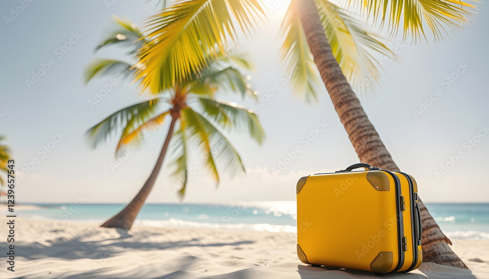 Obraz premium Yellow suitcase under palm tree on sunny beach, travel background 3D Rendering , with white tonespng