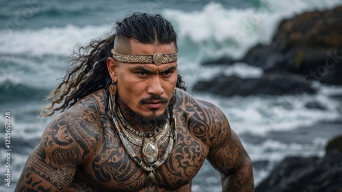 A fierce yet playful Maori warrior, his face adorned with intricate tattoos, performing a traditional haka dance on a rocky shore with waves crashing behind him. photo